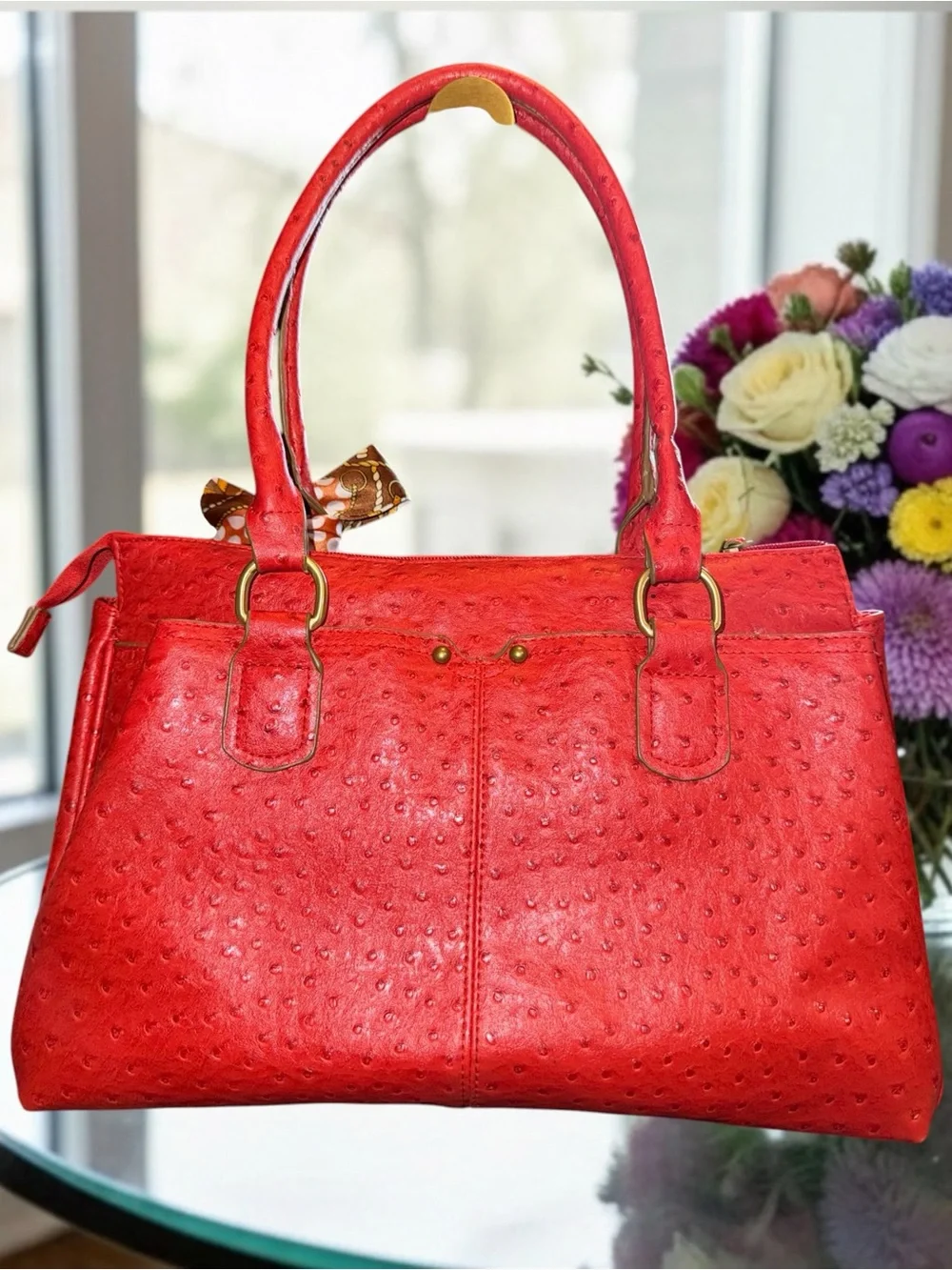 Bueno Red Ostrich Embossed Satchel Handbag with Scarf Accent